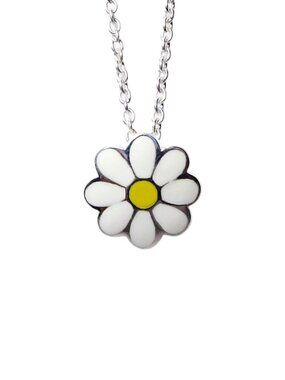 Vintage Kit Heath Sterling Silver Enamel Daisy Flower Pendant Kid's 14" Necklace
